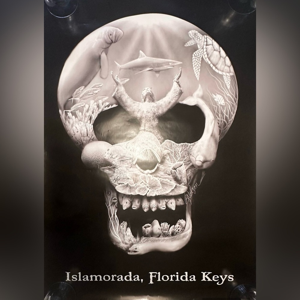 Vintage ISLAMORADA FLORIDA KEYS  poster Key West Skull Diving Ocean Pirate Large